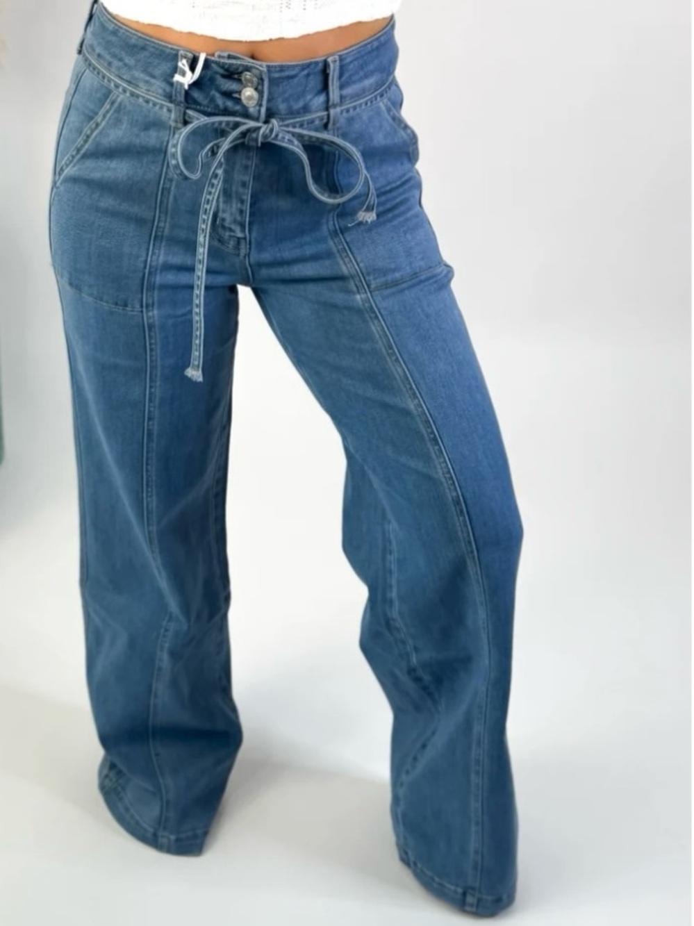 Vervet Lush Life High-Rise Blue Wide-Leg Jeans with Drawstring Waistband